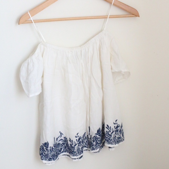 Zara White w/Blue Embroidery Off the Shoulder Top - Picture 1 of 3
